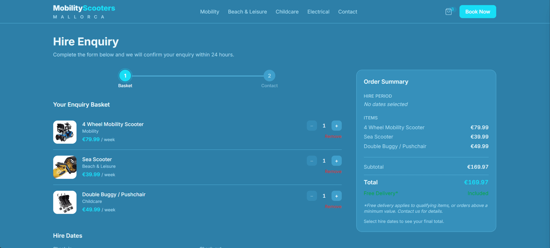 Hire Enquiry booking flow - basket, dates, order summary