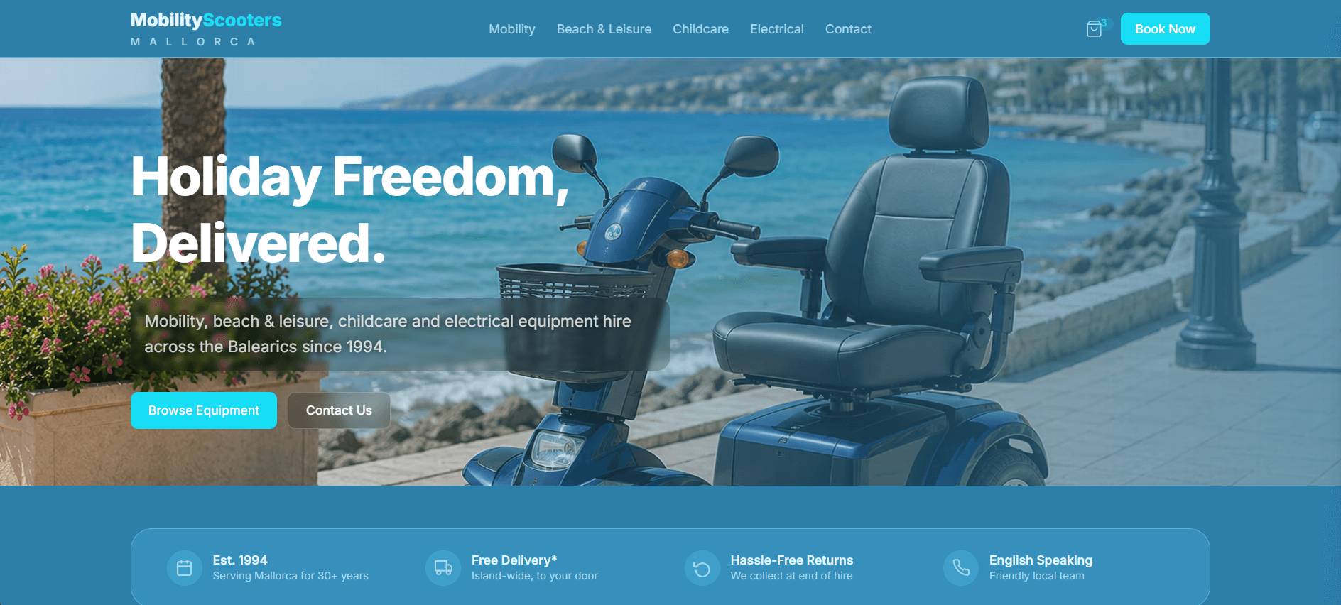 Mobility Scooters Mallorca homepage - hero with scooter and Mallorca coastline